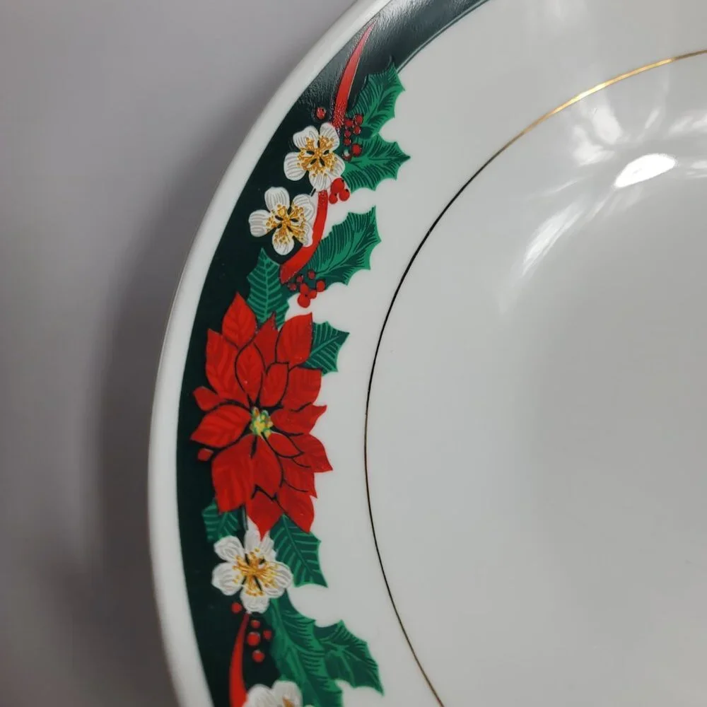 Tienshan Deck the Halls Serving Bowl Poinsettias & Ribbons Christmas China